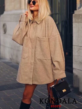 KONDALA 2022 Kadın Moda Gevşek Yün Uzun Ceket Vintage Cepler Şık Sonbahar Kış Kalın Gömlek Mont Mujer Zarif Ceket