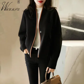 Zarif V Yaka Kısa Yün Ceket Kadın Kore Moda Renk Kontrast Tek Düğme Hırka Sonbahar OL Tarzı Ofis Bayan Ceketleri
