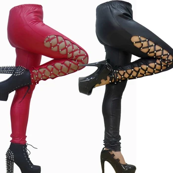 Seksi Kırmızı PU deri Pantolon Kadınlar Yüksek Bel Ayarlanabilir Lace Up bandaj pantolon Rahat Tayt Kadın Clubwear Pantolon