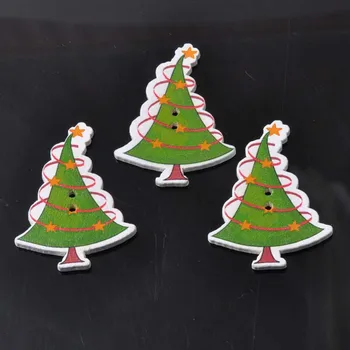 Noel Ağacı Baskı Ahşap Dekoratif Düğmeler Scrapbooking Craft Dikiş Malzemeleri 32x42mm 50 adet MT0315