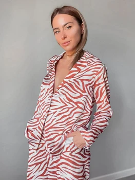 Hiloc Zebra Çizgili Baskı Pijama Saten Düşük Kesim Gevşek Pijama 2022 bahar uzun kollu elbise Kadın Setleri Pantolon İle Geniş Bacak Ev Takım Elbise