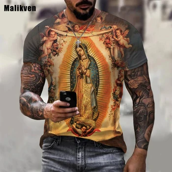 Erkekler Our Lady Guadalupe Meryem Madonna Dini Grafik 3D T Shirt Hip Hop Rahat Kısa Kollu O-Boyun Erkek T-shirt