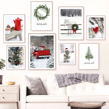 Noel Ağacı Şapka Çorap At Kahve Kar duvar sanatı tuval yağlıboya İskandinav Posteri Ve Baskılar Duvar Resimleri İçin Oturma Odası dekor