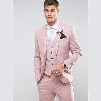 Terzi Açık Pembe Erkek Takım Elbise Slim Fit Damat Damat Erkek Kostüm Evlilik Homme Smokin 3 Adet (Blazer + Pantolon + Yelek)