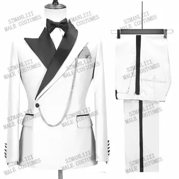Son Pantolon Ceket Tasarımları Beyaz Kruvaze Erkek Takım Elbise Slim Fit Damat Düğün Smokin Tailor Made Balo Parti Takımları Damat