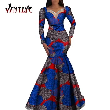 Moda Elbise Elbiseler Ankara Baskı Afrika Elbiseler Kadınlar için Uzun Kollu Zarif Dashiki Düğün Pilili Etek Elbiseler WY1058
