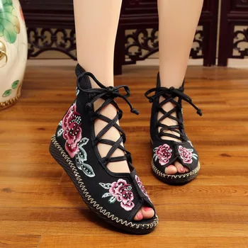 Comemore Yeni Çin Kadın Tuval Düz Gladyatör Sandalet Peep Toe Yaz Eski Pekin Bez Ayakkabı Oyalamak Dantel Up Sandials Mujer