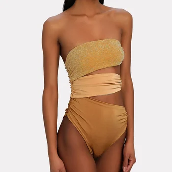 Düz Renk Straplez Kesme Tek Parça Mayo Yüksek Bel Kesim Parça Tüp Üst Bikini Backless Zarif Beachwear Şınav