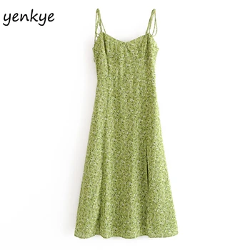 Yaz elbisesi 2020 Kadın Yeşil Çiçek Baskı askı elbise Sundress Kadın V Boyun Kolsuz Hem Yarıklar A-line şifon elbise vestido