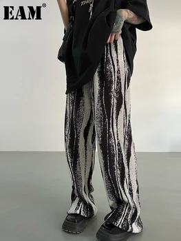 [EEM] Yüksek Elastik Bel Siyah Pilili Uzun Geniş Bacak Pantolon Yeni Gevşek Fit Pantolon Kadın Moda Gelgit Bahar Sonbahar 2023 1DE8960
