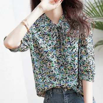 Kore Zarif Çiçek Düğme Gömlek kadın giyim 2022 Rahat Yaz Moda Vintage Bağlama Kadın Yarım Kollu şifon bluz