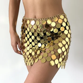 Kadın Pullu Mini Etek parlak sim Plastik Sequins Göbek Zinciri Disk Femme Seksi Bel Rave Festivali Altın Gümüş mini etekler