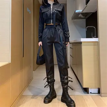 Streetwear Kadın Moda siyah pantolon Yaz İnce Kore Tarzı Kadın kargo pantolon Rahat Slim Fit Pantolon Şerit Dekorasyon