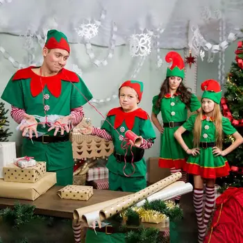 1 takım / grup Kadın Erkek Erkek Kız Noel Noel Baba Kostüm Çocuklar Yetişkinler Aile Yeşil Elf Cosplay Kostümleri Noel Partisi Takım Elbise