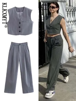 KLKXMYT TRAF Kadın Pantolon 2 Parça Setleri 2023 Sokak Moda Rahat Yelek Ceket + Düz Pantolon Takım Elbise Vintage Kadın İki Adet Kıyafet