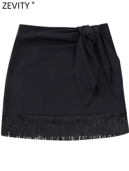 Zevity Kadın Moda Yay Düğümlü Hem Püskül Dikiş Siyah Mini Etek Faldas Mujer Kadın Şık Rahat Fermuar Vestidos QUN3251