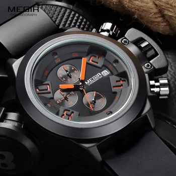 Megır Moda Erkek Silikon Bant Spor Kuvars bilek saatleri Analog Ekran Chronograph siyah saat Adam Takvim 2002