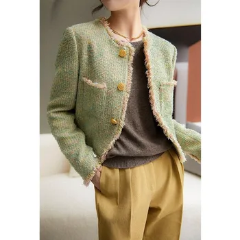 2022 Yeni Sonbahar Kış Vintage tüvit Ceket Ceket Kadın Küçük Koku Patchwork Kore Yün Kırpılmış