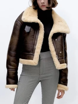 TRAF 2022 Kadın Kış Polar Ceketler Moda Kalınlaşmak Sıcak Uzun Kollu Fermuar Palto Gevşek Vintage Bayanlar Soğuk Sokak Dış Giyim