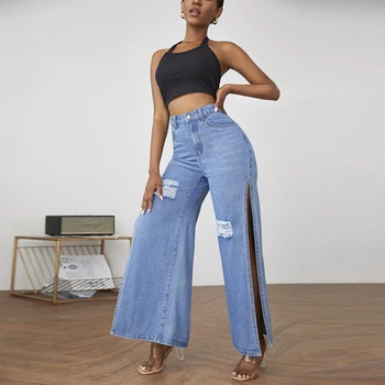 2022 kadın Moda Yırtık Yarık Bayanlar Kot Yeni Rahat Sokak Trendi Pantolon Gevşek Şık Kot Geniş Bacak Pantolon Yüksek Bel Kadın