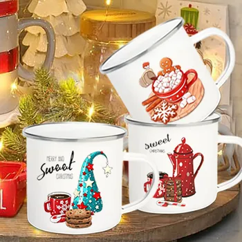 Tatlı Noel Kurabiyeleri Latte Baskı Kahve Fincanları Emaye Sıcak Kakao çikolata fincanı Suyu Süt Kupalar Parti Süslemeleri Tatil Hediye