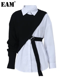[EEM] Kadınlar Beyaz Siyah Örgü Büyük Boy Bluz Yeni Yaka Uzun Kollu Gevşek Fit Gömlek Moda Gelgit Bahar Sonbahar 2023 1DC0190