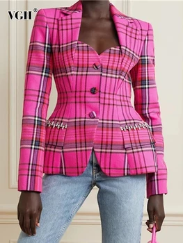 VGH Vintage Ekose Colorblock Blazers Kadınlar İçin Çentikli Yaka Uzun Kollu Hollow Out Yüksek Bel Zayıflama Mont Kadın 2022 Yeni