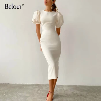 Bclout Kısa Kollu Zarif Beyaz Bodycon Elbise Kadın 2021 Seksi Midi Parti Yaz Elbiseler O Boyun Siyah Yüksek Bel Vestido Kadın