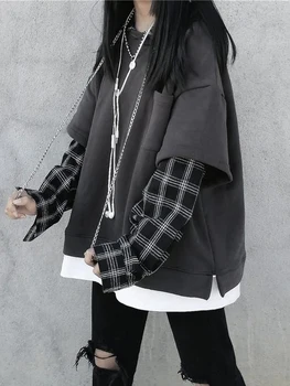 Siyah Hip Hop Hoodie Kadın Harajuku Ekose Tişörtü Japonya Kawaii Femme Casual Kazak Tops Gri Büyük Boy Temel Hoodies