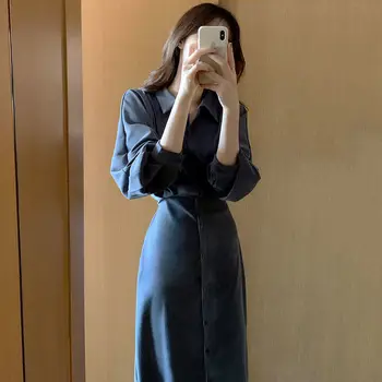 2022 Sonbahar Yeni Kore Versiyonu Retro Mizaç Bel İnce Gömlek Elbise kadın Fransız Açık Tanıdık Diz boyu Elbise