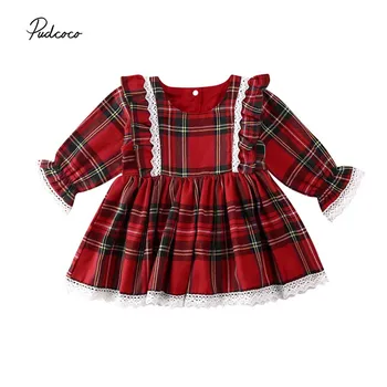 2021 Bebek Bahar Sonbahar Giyim Noel Yürüyor Bebek Bebek Kız Noel Uzun Kollu Dantel Tutu Kontrol Kabarık Elbise 1-6T