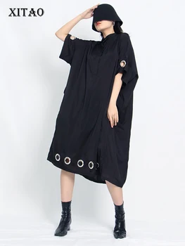 XITAO Siyah Sokak moda elbise Moda Kişilik Gevşek Kontrast Renk Hollow Out Metal Halka Ekleme Süslemeleri Kadınlar WMD6995