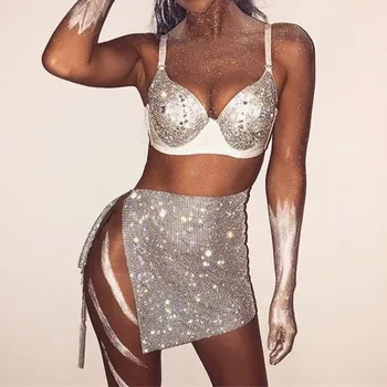 Kristal Rhinestone Kadınlar Mini Etek Lüks Elmas Seksi Clubwear Parti Bodycon Şık Bölünmüş Etekler Festivali Rave Kıyafetler Jupe
