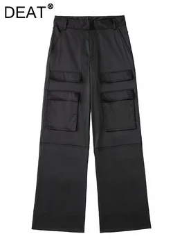 DEAT Moda kadın pantolonları Patchwork Yüksek Bel Gevşek Düz Geniş Bacak Kargo Düz Renk Saten Pantolon Sonbahar 2023 Yeni 17A5038