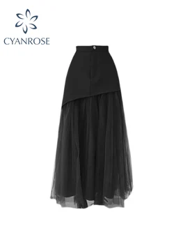 Yeni Tasarım Vintage Tül Patchwork Siyah Etek Kadın 2022 Sonbahar Yeni Yüksek Bel Bayan Uzun Pilili Kore Tarzı Orta Uzun Frocks