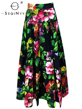 SEQINYY 100 % Pamuk Uzun Etek Bahar Yaz Yeni Moda Tasarım Kadın Pist Yüksek Kalite Vintage Çiçekler Sicilya Baskı A-Line