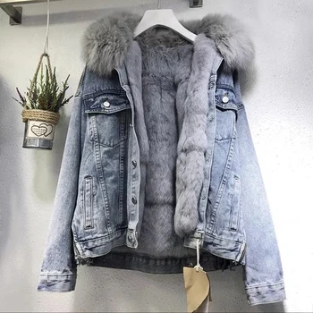 Kalın sıcak Denim Parkas Kadın Kış Büyük Boy Ayrılabilir Artı Kadife Ceket Vintage Pamuklu Denim Ceket Kadın Kot Ceket