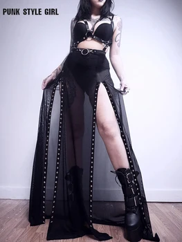 Goth Merkezi Uzun Etek Kadın Harajuku Siyah Hollow Out Bölünmüş Etekler Cyberpunk Grunge Koyu Kuşgözü Midi Patenci Gotik Alt Giyim