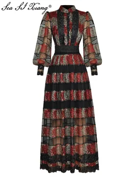 Seasıxıang Moda Tasarımcısı Sonbahar Örgü Elbise Kadın Standı Yaka Fener Kollu Çiçek Nakış Vintage Parti Uzun Elbiseler