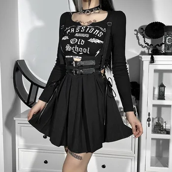 Vintage Siyah Pilili Etek Lolita Kemer Yüksek Bel Toka Lace Up Hattı Mini Etek kadın Etek Parantez İle Goth Streetwear Y2k