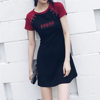 Elbise Kadınlar Zarif Raglan Kollu Yaz Elbiseler Rahat Kısa Kollu Siyah Kırmızı Dikiş Nakış evaze elbise Gotik Kız için