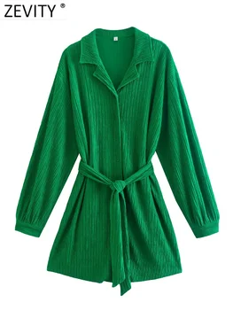 Zevity Kadın Moda Turn Down Yaka Tek Göğüslü Gevşek Yeşil Mini Kısa Elbise Kadın Şık Yay Sashes Vestidos DS2183