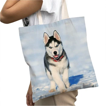 Rahat Sibirya Husky Köpek Tuval Bayan Alışveriş Çantaları Çanta Moda Hayvan Bez Büyük Kapasiteli Tote Alışveriş Çantası Kadınlar için
