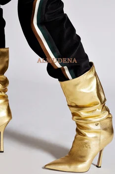 Sivri Burun Altın Orta Buzağı Çizmeler Kadın Metalik Deri kısa çizmeler Leopar Baskı Pist Ayakkabı 2022 Yeni Siyah \ Beyaz 2022 Yeni