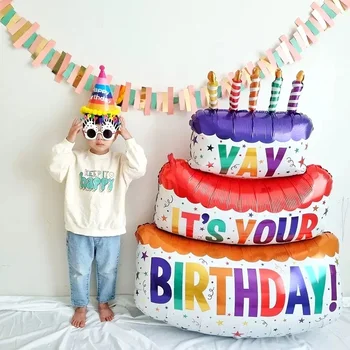 Mutlu Doğum Günü Pastası Balonlar Büyük 3 Katmanlı Renkli Mum Kek Balonlar Ayı Kek Balon Çocuk Doğum Günü Partisi için Bebek Duş Dekorları