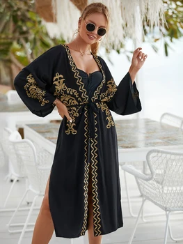 Plaj Cover Up Altın Nakış Siyah Kimono Tunik Yan Bölünmüş Kuşaklı Wrap Elbiseler Rayon Sahil Tatil Mayo En Kaliteli