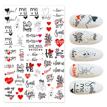 Siyah Kalp Aşk Tasarım 3D Tırnak Sticker İngilizce Mektup Çıkartmalar Yüz Desen Transfer Kaydırıcılar Sevgililer Tırnak Sanat Dekorasyon