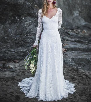 11616 # Hippi Beyaz Dantel V Yaka Sweep Tren Plaj Bohemian Uzun Kollu Illusion Aç Geri düğün elbisesi gelinlik gelin kıyafeti