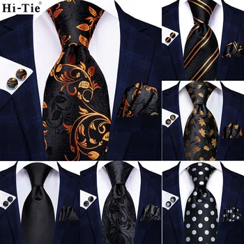 Hi-kravat Siyah Altın Katı İpek Düğün Kravat Erkekler İçin Hanky Kol Düğmesi Hediye Erkekler Kravat Gravata Seti Moda Tasarım İş Dropshipping