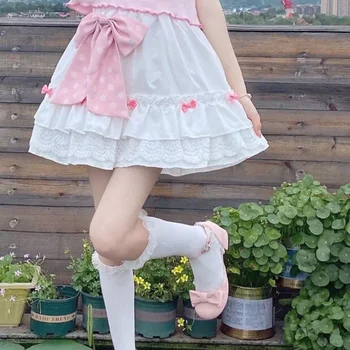 Japon Kawaii Mini Etek Kadın Kore Patchwork Rahat Tatlı Lolita Etekler Kadın Yüksek Bel Ruffles Peri Etek 2021 Yaz